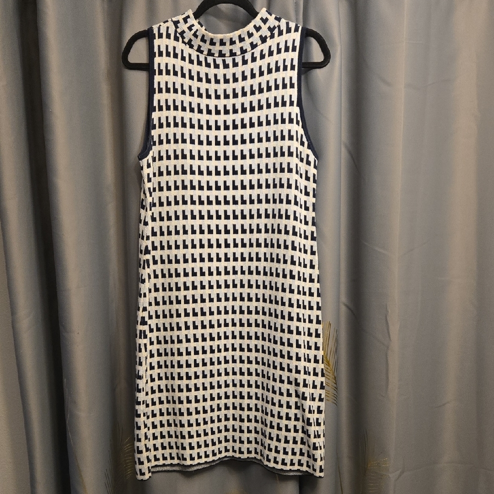 Ann Taylor Blue and White Mock Neck Sheath Dress Sz M